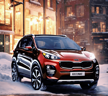 a red Kia Sportage parked in front of a building