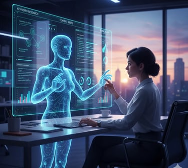 Marketer using a futuristic AI co-pilot to automate keyword research and other SEO tasks.