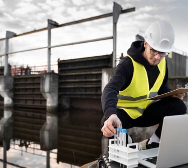 a man in a hardhat with a clipboard taking a sample of water by the river