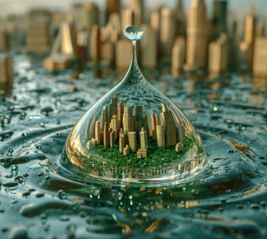 a city landscape inside a water droplet