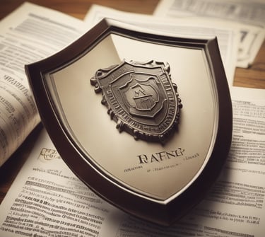 Escudo o figura de protección sobre documentos financieros, ilustrando defensa de deudores y quiebra