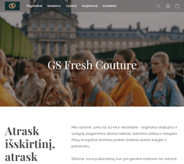 "GS Fresh Couture" svetainės pagrindinis puslapis su mados modeliais ir elegantišku dizainu.