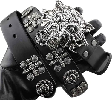 Goth Cowboy Black Leather Rivet Belt. Metal Wolf Head Buckle for Men