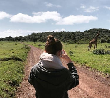 Tourist on a safari trail inside Tarangire National Park holding a camera and photographing a giraffe in its natural wildlife