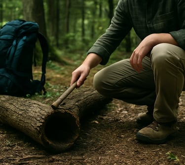 Forest survival drill showing man inspecting log for making friction fire