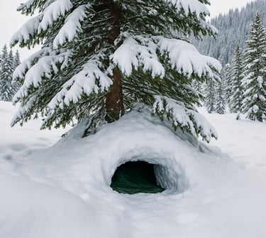 Snow-covered tree shelter with hidden emergency snow cave in winter survival setting