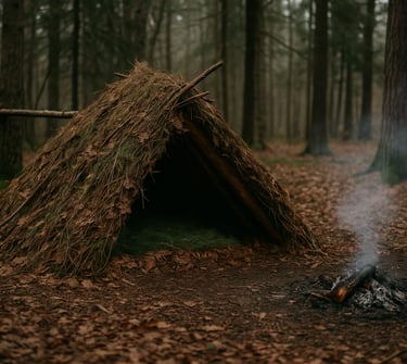 Primitive forest debris shelter with smoldering fire, designed for stealth survival and off-grid living