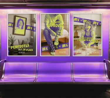A poster mockup for the WRNG brand, inside of a train