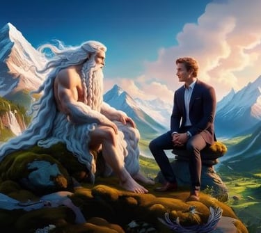 Thần núi ngồi trò chuyện với anh chàng