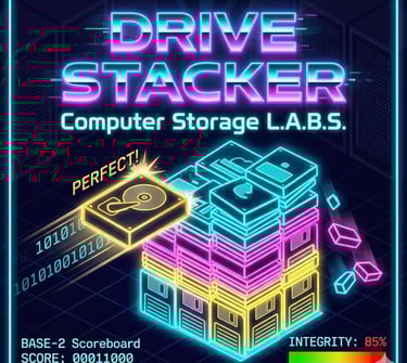 A vibrant 80s synthwave-style game cover for 'Drive Stacker: Computer Storage L.A.B.S.' The image fe