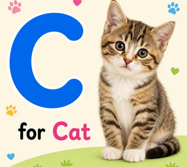 Educational alphabet poster featuring a cute tabby kitten next to a large blue letter C for Cat.