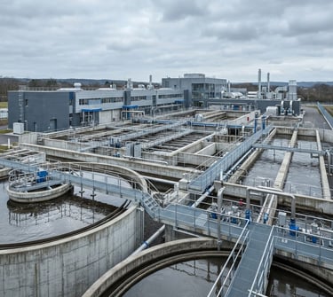 Wide-angle crisp architectural photography of a large-scale water treatment facility under overcast daylight, clean lines, technical blue and slate gray tones, high detail