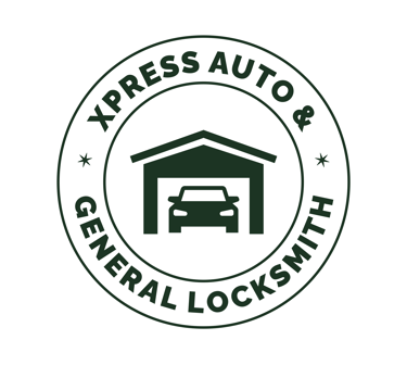 Business logo. Auto Xpress & General locksmith. Car inside a garage.
