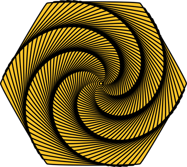 Um hexágono amarelo com um espiral no centro. O símbolo forma o logo do grupo S.V. Lab. de teatro. 