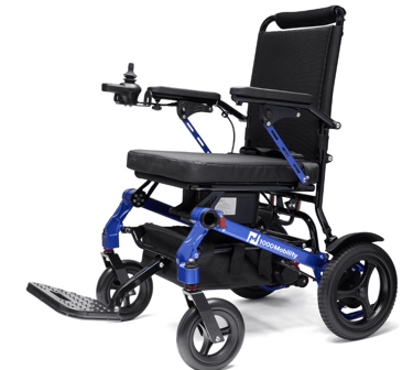 Compact foldable electric wheelchair in blue and black design