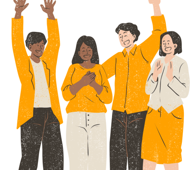 a group of diverse people standing cheering and looking happy