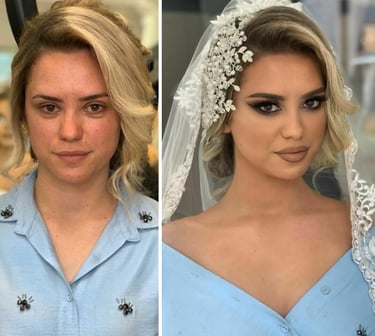 Before and after picture of a  bridal makeup makeover client
