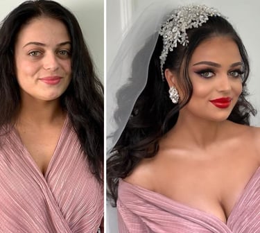 Before and after picture of a  bridal makeup makeover client
