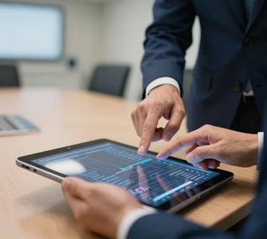 Close-up of professional Brazilian hands pointing at strategic data on a tablet in a boardroom setting with navy blue tones. Soft focus background of a hospital meeting room.
