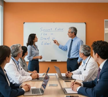 A diverse group of South American healthcare executives in a professional meeting, looking at a whiteboard. Corporate lighting, orange and blue color palette throughout the room.