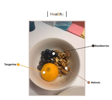 A healthy snack bowl containing a fresh tangerine, walnuts, and blackberries.