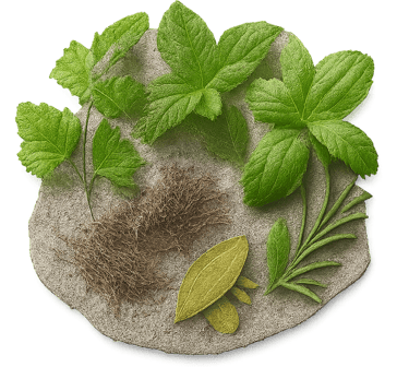 Close up of fresh green herbs and dried plant materials scattered on a stone surface.