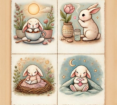 four pictures of a bunny rabbit in daily routine