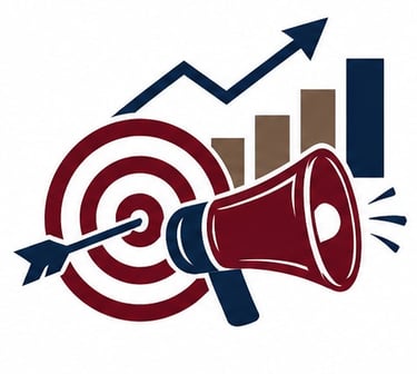 A marketing icon featuring a target with an arrow, a megaphone, and an upward-trending bar chart