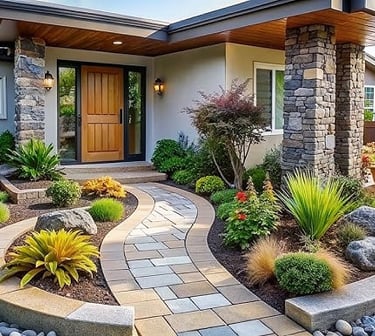a house with a stone walkway and a stone walkway