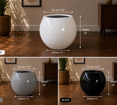 A large round frp pot with dimension shown in white, grey, and black finishes for modern home decor.