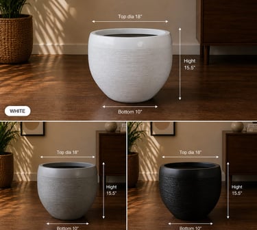 Modern 18-inch round textured planters shown in white, grey, and black with dimensions.