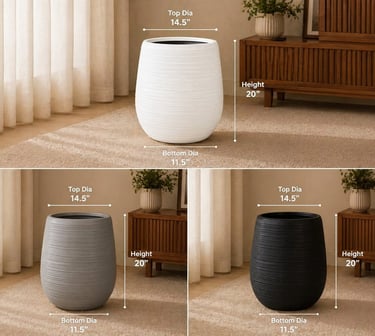White, gray, and black 20-inch tall outdoor planters with ribbed texture and dimension labels.