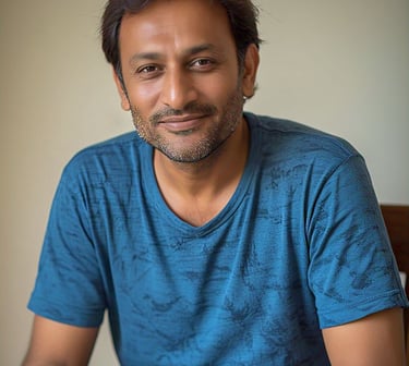a picture of Pakistani gent of age 45 years, with light brown skin and dark brown hair. The man should be wearing a t-shirt.