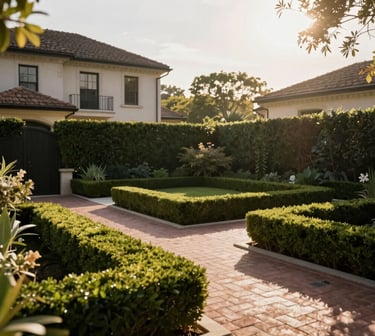 Hyper-realistic architectural 3D render of a classic estate backyard, manicured boxwood hedges, brick pathways, bright afternoon sun, 35mm
