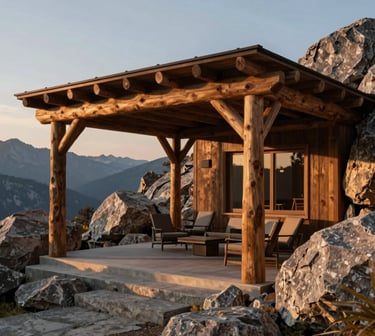 Hyper-realistic architectural 3D render of a mountain escape backyard, heavy timber pergola, rugged granite boulders, soft alpine twilight, 35mm