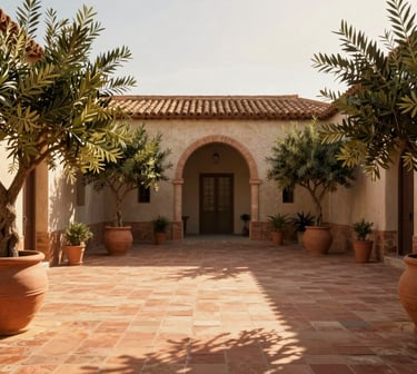 Hyper-realistic architectural 3D render of a Mediterranean courtyard, warm terracotta tiles, olive trees in clay pots, golden-hour sunlight, 35mm