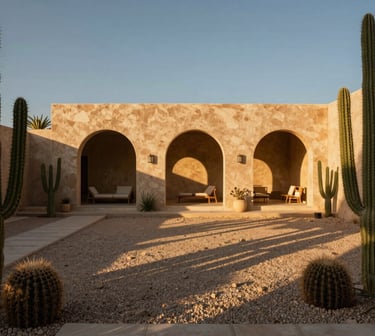 Hyper-realistic architectural 3D render of a desert sanctuary backyard, gravel beds, architectural cacti, dramatic golden-hour shadows, 35mm