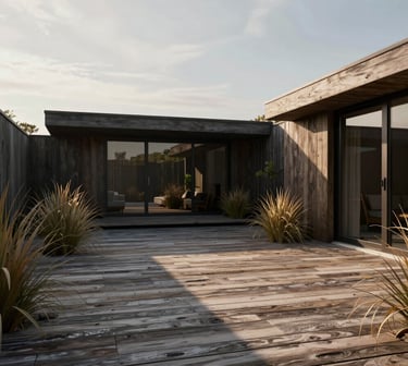 Hyper-realistic architectural 3D render of a coastal retreat backyard, weathered cedar decking, ornamental beach grasses, soft overcast morning light, 35mm