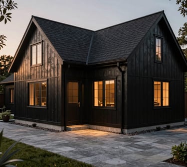 Hyper-realistic architectural 3D render of a modern farmhouse backyard, black board-and-batten siding, limestone pavers, twilight lighting, 35mm