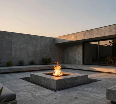 Hyper-realistic architectural 3D render of a modern minimalist backyard, sharp concrete lines, a sunken fire pit, dramatic twilight lighting, 35mm