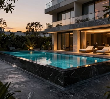 Hyper-realistic architectural 3D render of a luxury resort backyard, infinity-edge pool, dark basalt tiling, dramatic landscape lighting at night, 35mm