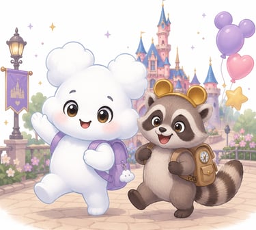Cute cartoon cloud and raccoon with backpacks walking toward a magical fairytale castle.