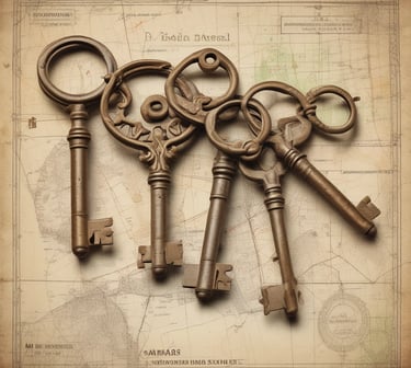 Llave antigua sobre un plano catastral o un certificado de propiedad.