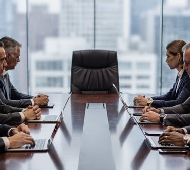 Empty chair at a boardroom meeting with executives present, representing absence of after-sales leadership in decision-making