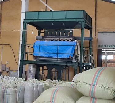 Automated green coffee bean sorter machine used at Dwipa Coffee warehouse, Sumatra. Color Picker.