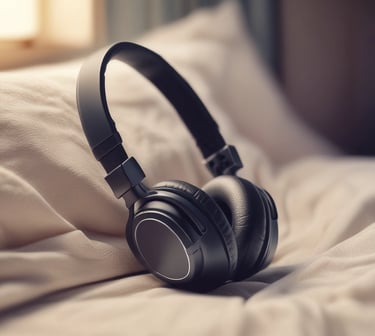 Para czarnych słuchawek nausznych leżąca na beżowej poduszce.