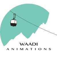 Waadi Animations logo featuring a black and white cable car over green mountain silhouettes.