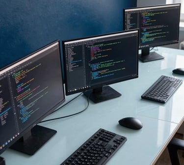 A high-angle shot of a clean, modern workspace with multiple screens displaying code. The lighting is soft and natural. The room features a deep blue accent wall and a light ice blue desk, reflecting a sophisticated and innovative atmosphere.