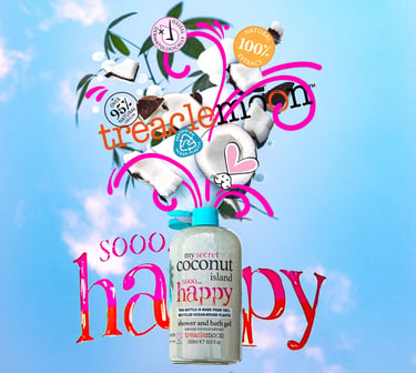 Treaclemoon Coconut Island graphic with colourful typography, coconuts and product packaging