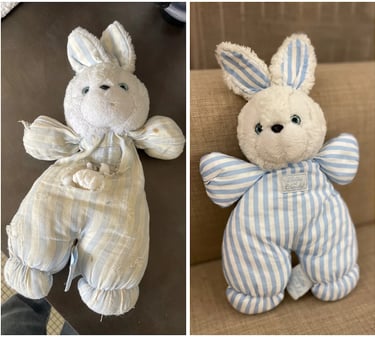Réparation d'un doudou lapin bleu tartine et chocolat de plus de 30 ans par Mimidoudou and co Rouen